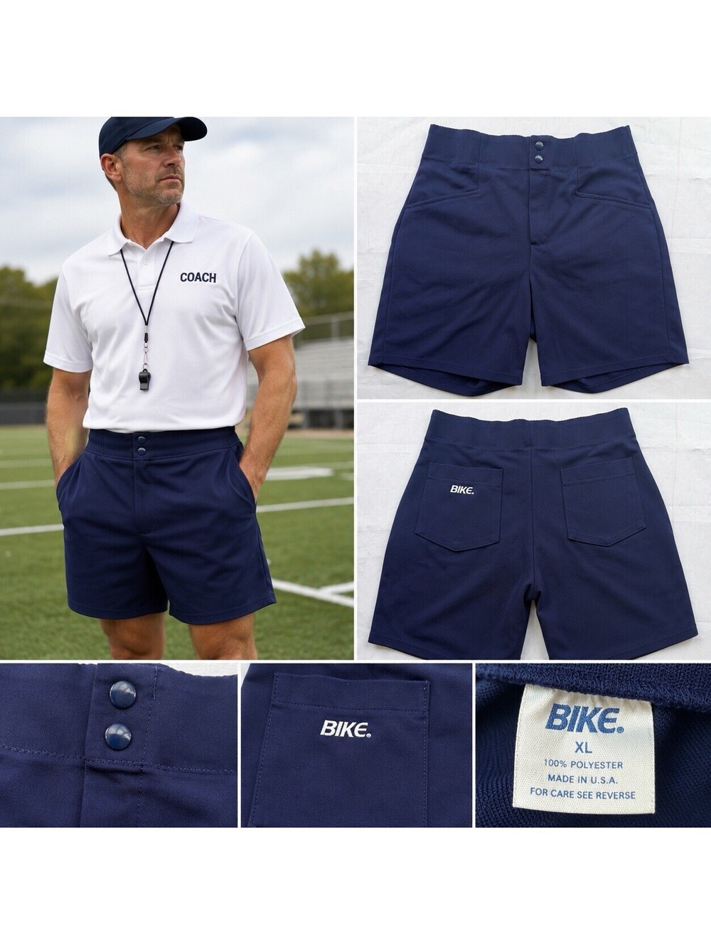 Vintage BIKE Coaches Shorts Navy Blue 2 Button Athletic Football Coach USA Style